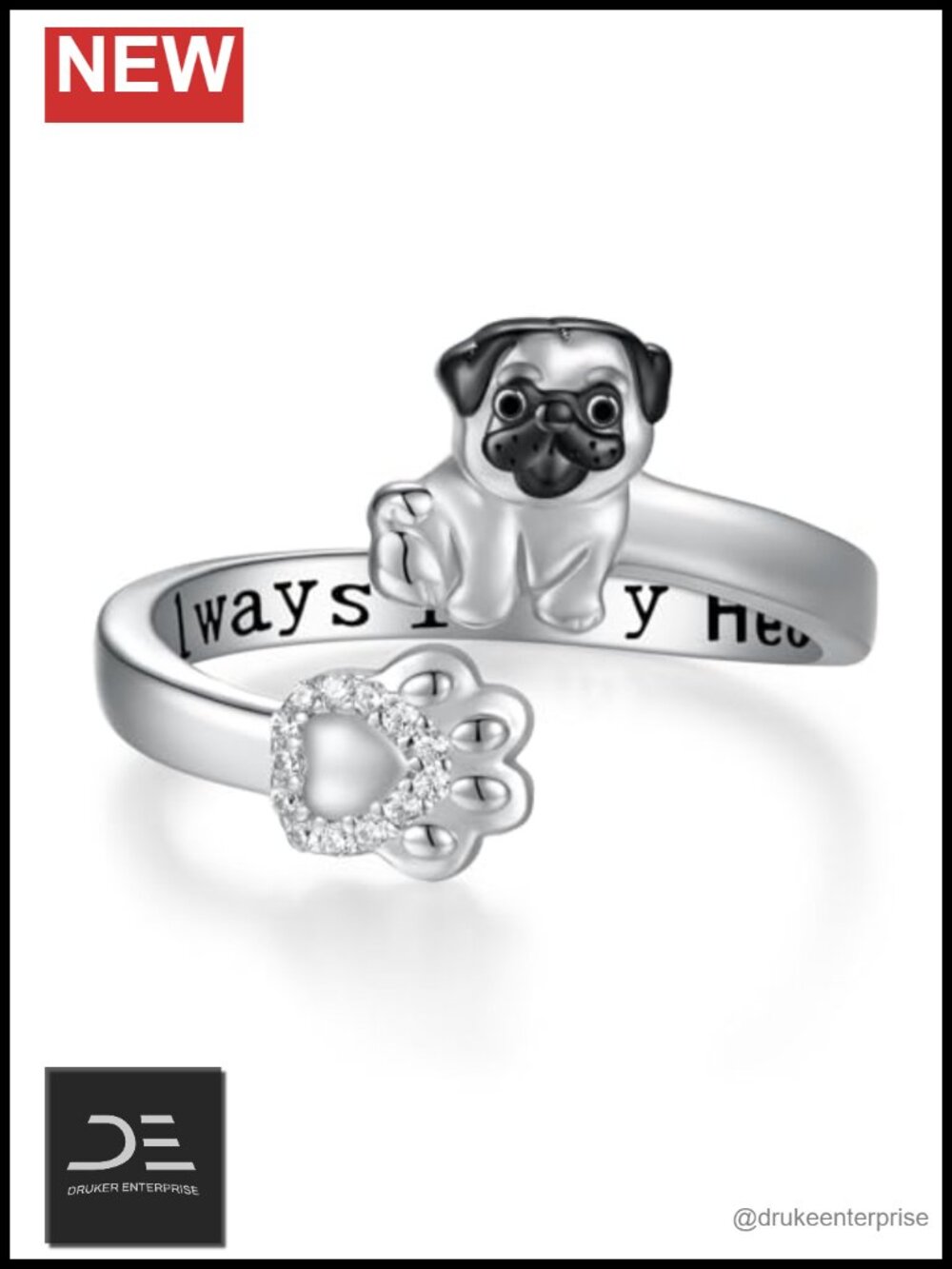 925 Sterling Silver Dog Ring Pug Cute Animal Jewelry Gift for Women
